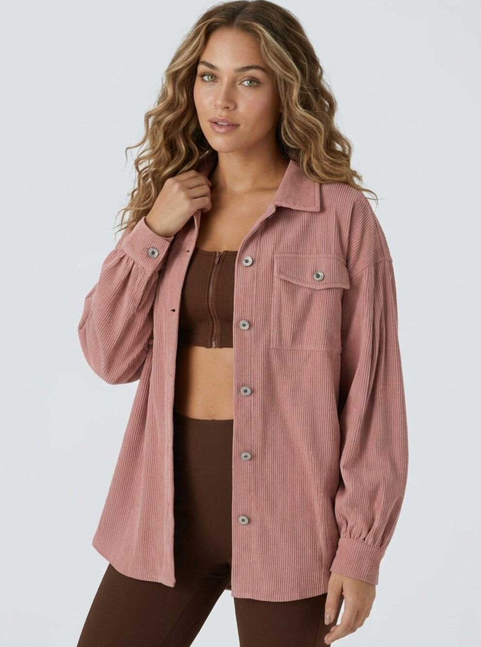 Halara Jacket Womens Small Pink Corduroy Button Front Shacket Pockets Oversized